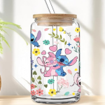 Vaso en vidrio con tapa Bambú + Pitillo: Stitch