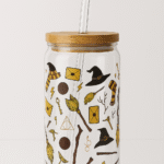 Vaso en vidrio con tapa Bambú + Pitillo: Harry Potter