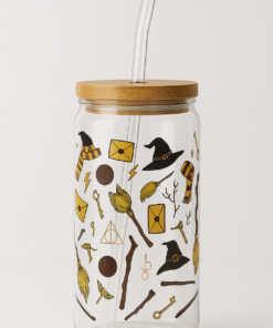 Vaso de vidrio con tapa de bambu de Harry potter en colombia