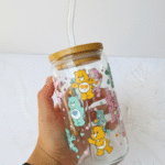 Vaso en vidrio con tapa Bambú + Pitillo: Ositos Cariñositos